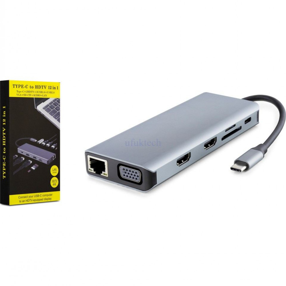 Hadron HDX7829 Usb-C'den PD + 2HDMI + 3USB3.0 + Usb2.0 + LAN + SD + TF + SES + VGA + 12'si 1 Arada 30HZ2 Duman Rengi