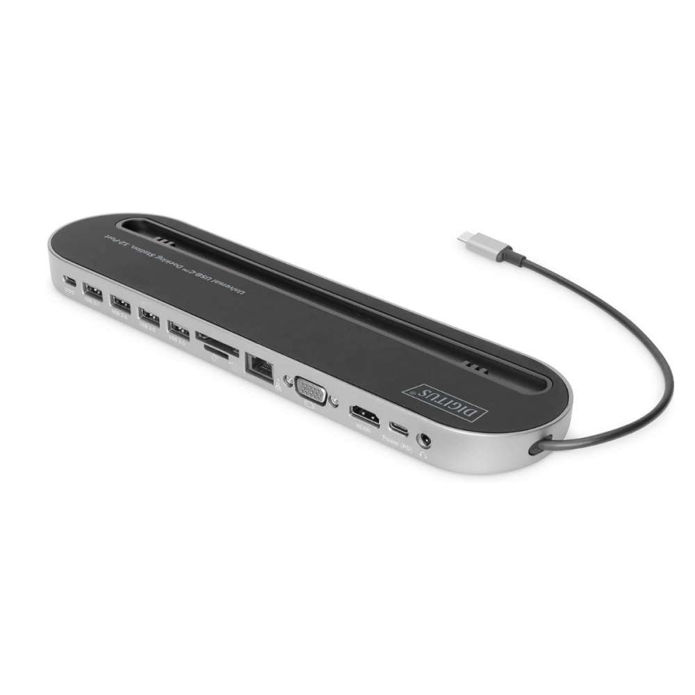 DIGITUS USB-C Docking Station - Tablet Holder - 12-Port - Dual Display HDMI + VGA - Gbit LAN - 2 Card Reader - PD 3.0